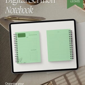Può includere: Un taccuino digitale per sermoni con il testo "Digital Sermon Notebook" e "Faith Devotion Growth". Due quaderni verde chiaro sono esposti su un tablet bianco. I quaderni hanno una rilegatura a spirale e pagine a righe. È visibile anche il testo "Organizza le tue note senza sforzo".