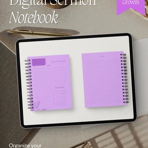 Può includere: Un taccuino digitale per sermoni con bordo bianco, con due blocchi note lavanda aperti, rilegati a spirale. Il testo "Digital Sermon Notebook" è in alto, con "Faith Devotion Growth" su uno striscione viola. La frase "Organizza le tue note senza sforzo" è in basso.