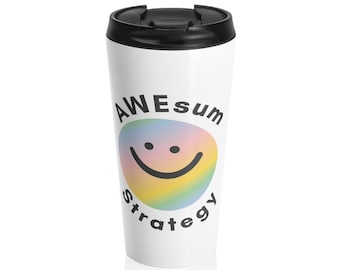 Tazza da viaggio in acciaio inox con logo smiley di AWEsum Strategy / faccina con sfumatura arcobaleno