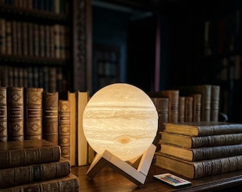 Jupiter Lamp 3D Printed Planet Light - 16 RGB Colors with Remote - Wireless Rechargeable Night Light on Real Wood Stand - Space Decor Gift