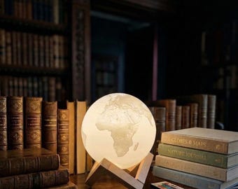 3D Printed Earth Lamp - RGB Color Changing Globe Light with Remote - 15cm Rechargeable Planet Night Light - Gift for Kids & Office Decor