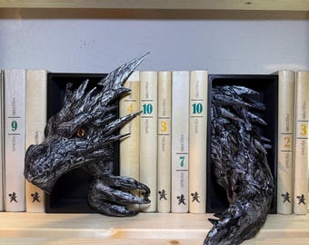 Reliquia emergente del dragón luminoso / Rincón de lectura pintado a mano / Decoración Dark Academia / Regalo romántico para amantes de los libros / Escultura de biblioteca gótica
