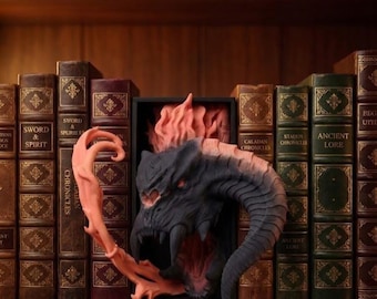 Rincón de lectura Balrog / Sujetalibros de sombra y llama impreso en 3D / Inserto para estante de fantasía / Diorama inspirado en El Señor de los Anillos / Decoración de biblioteca demoníaca