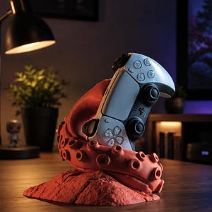 May include: A white and black video game controller held by a textured, coral-coloured octopus tentacle stand. The tentacle base is wide and rocky, curving upwards to support the controller, which features standard directional buttons and dual analogue sticks.