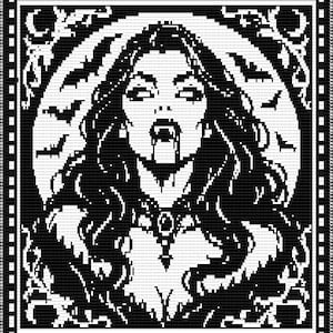 May include: A black and white cross stitch pattern featuring a vampire with long flowing hair, fangs, and a pendant necklace. The figure is centered against a large circular moon with silhouettes of flying bats and ornate decorative borders.