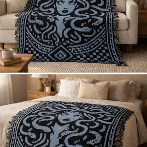 May include: A black and blue woven throw blanket featuring a Medusa design. The blanket has a fringe trim and is displayed on a couch and a bed. The Medusa image is in light blue, with a black background and border.