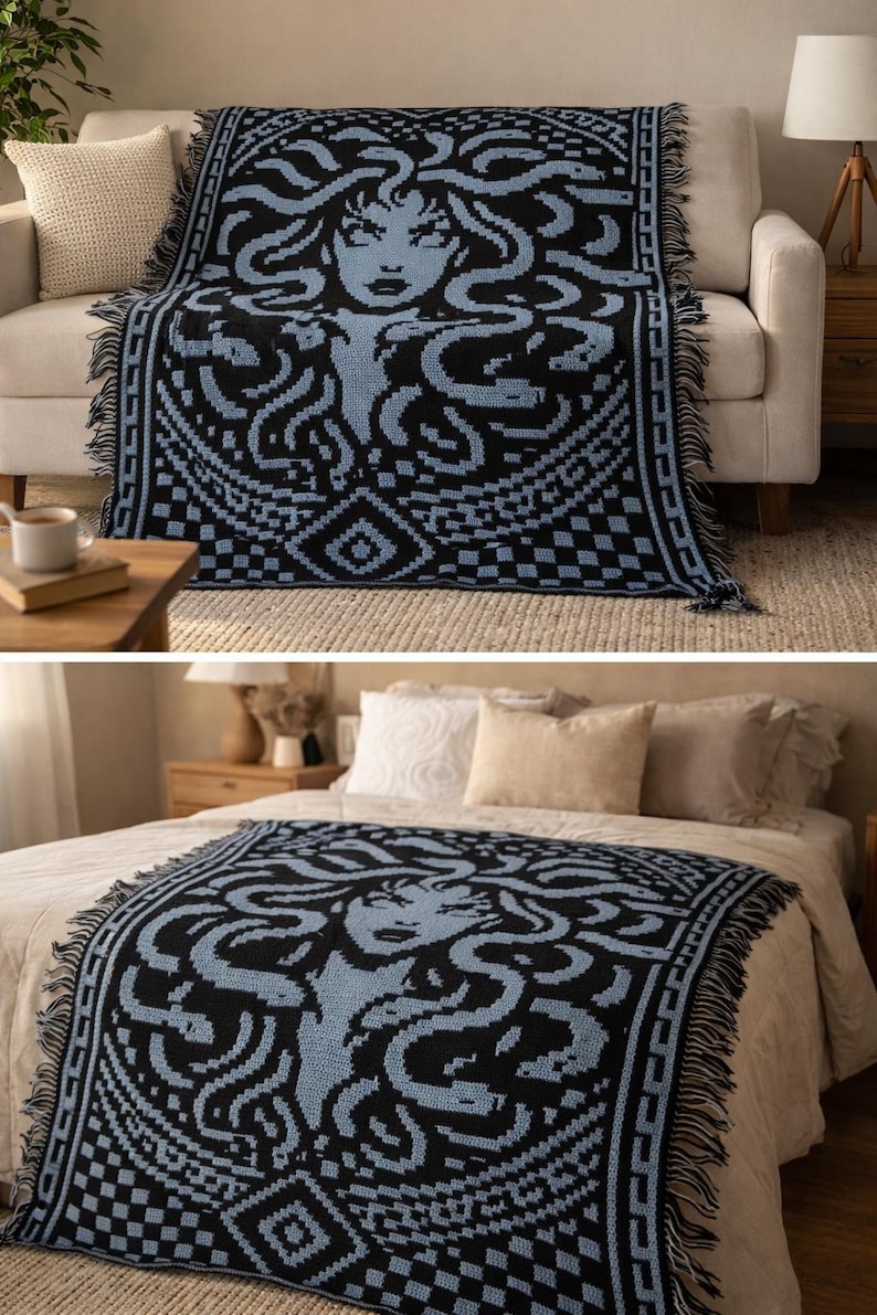 May include: A black and blue woven throw blanket featuring a Medusa design. The blanket has a fringe trim and is displayed on a couch and a bed. The Medusa image is in light blue, with a black background and border.