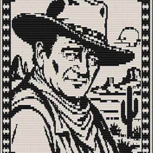 May include: A black and white pixel art pattern featuring a portrait of a person wearing a cowboy hat and a neckerchief. The background depicts a desert landscape with a cactus and a sun, all enclosed within a decorative border of small cacti.
