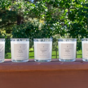 May include: Five clear glass candles with white wax, each featuring a rectangular beige label. The labels are printed with the text Amber & Driftwood, Very Vanilla, Pumpkin Spice, Apple Ginger, and Cinnamon Stick, along with the phrase hand poured with love.