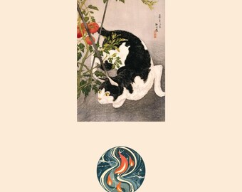 Ukiyo-e Cat and Tomato Plant Print, Japanese Woodblock Art, Kitchen Wall Decor (Digital Download)