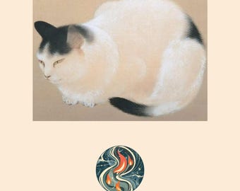 Loaf Cat Plum Blossoms Nihonga Art Print, Japanese Zen Wall Art (Digital Download)