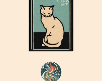 Sitting Cat Woodblock Print, Teal Minimalist Art Poster, Julie de Graag 1917 (Digital Download)
