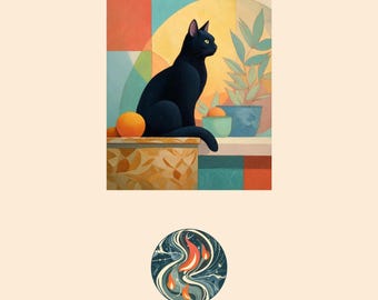 Black Cat Mid-Century Geometric Art Print, Minimalist Illustration (Digital Download)