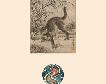 Kawanabe Kyosai Cat Catching A Frog Reproduction Japandi Decor Digital Download