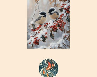 Chickadees Holly Snow Wildlife Illustration Print (Digital Download)