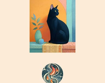 Black Cat Geometric Art Print, Boho Cat Illustration, Eclectic Wall Decor (Digital Download)
