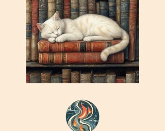 Cozy White Cat Sleeping on Books Oil Painting Print, Cottagecore Library Art (Digital Download)