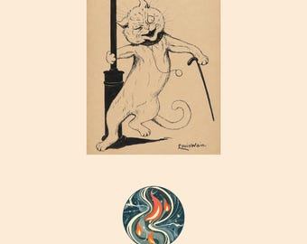 Louis Wain Street Cat, Victorian Pen Ink Illustration, Dapper Gentleman Wall Art (Digital Download)