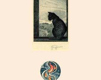 Black Cat Windowsill Etching Style Print, Dark Academia Wall Art (Digital Download)