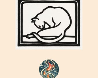 Julie de Graag Waxing Cat Print, 1918 Art Nouveau Woodblock Style (Digital Download)