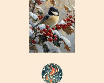Realistic Chickadee Winter Bird Art Print, Holly Berries Wildlife (Digital Download)