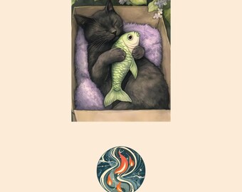Gray Cat Cuddling Green Fish Toy Storybook Illustration (Digital Download)