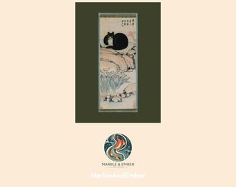 Black Cat Narcissus Ink Wash Scroll Art Print, Wabi-Sabi Style (Digital Download)