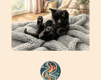 Black Kitten Watercolor Print, Cozy Hygge Cat Art, Living Room Wall Decor (Digital Download)