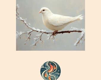 White Dove Frosty Branch Painterly Art Print, Muted Palette Meditation Space