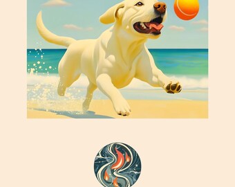 Yellow Lab Beach Print, Coastal Dog, Cottagecore Dog Lover Wall Art (Digital Download)
