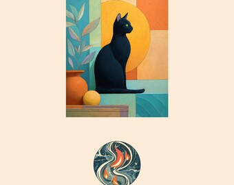Mid-Century Black Cat Geometric Art Print Digital Download