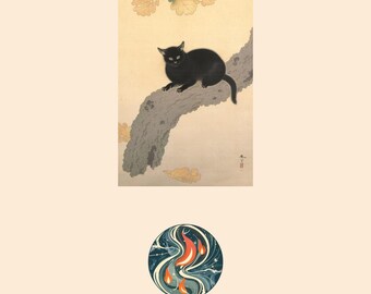 Black Cat Autumn Branch Print, Kuroki Neko Japanese Ink Art (Digital Download)