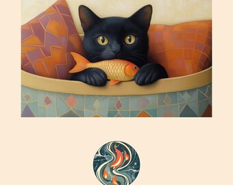 Black Cat Biting Fish Folk Art Print, Whimsical Boho Home Decor (Digital Download)