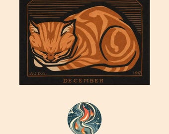 Julie de Graag December Cat Print, 1917 Woodblock Style Wall Art (Digital Download)