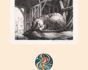 Stephen Gooden Sleeping Tabby Cat Print, Vintage Line Engraving, Farmhouse Wall Art (Digital Download)