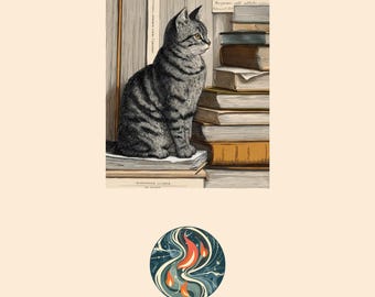 Tabby Cat Antique Books Art Print, Vintage Woodcut Style, Library Decor (Digital Download)