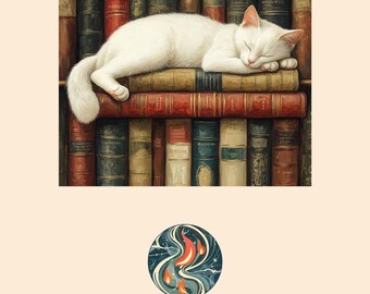 White Cat Sleeping on Antique Books Art Print, Dark Academia Oil Painting Style (Digital Download)