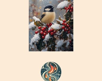 Chickadee Holly Berry Art Print, Cozy Winter Wildlife Oil Painting (Digital Download)