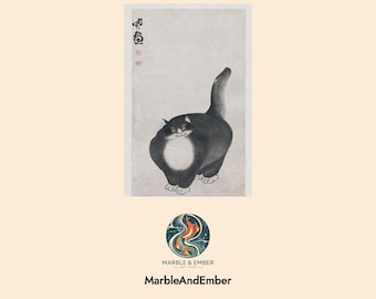 Black Cat Ink Wash Print, Sumi-e Style Brush Painting, Wabi-Sabi Wall Art (Digital Download)