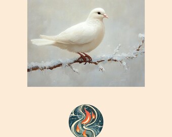 White Dove Frosty Branch Fine Art Print, Painterly Oil Painting (Digital Download)