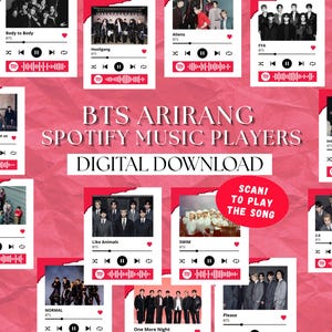 以下が含まれることがあります： BTSの曲が収録されたデジタルダウンロードSpotifyミュージックプレーヤーのコレクション。各プレーヤーは、曲名とアルバムアートワークが表示された赤と白のデザインです。「BTS ARIRANG SPOTIFY MUSIC PLAYERS DIGITAL DOWNLOAD」のテキストが表示されています。