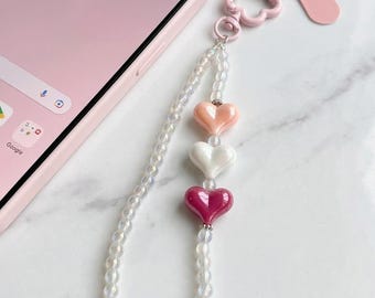 Beaded Pastel Heart Phone Charm | Kawaii Iridescent Strap, Feminine Accessory
