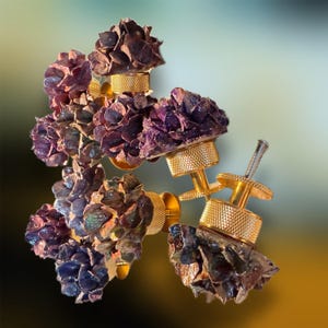 May include: Close-up of unique cabinet knobs. Each knob features a cluster of purple and brown crystalline formations atop a gold-colored, textured base. The knobs have a decorative, artistic appearance.