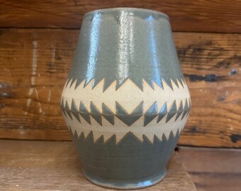 Vase - Blue Green with Beige Triangles