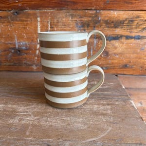 White and Brown Striped Stoneware Mugs – Wheel-Thrown Vermont Pottery Set