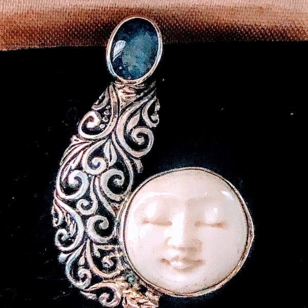 rare vintage sterling silver opal and moonstone moon face filigree pendant