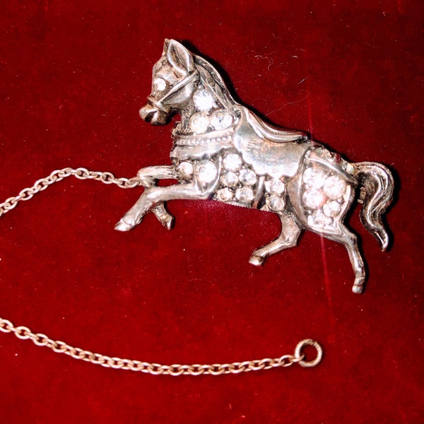 Rare Antique art deco French sterling silver paste hobby horse/pony brooch with safety chain