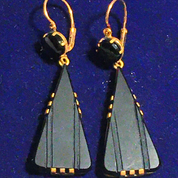 Antique Art Deco French jet pierced earrings, very sleek & classy!!