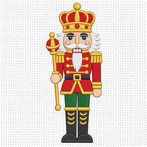 May include: An embroidery design for machine featuring a nutcracker wearing a red jacket, green trousers, and a gold crown, holding a scepter. Text reads: 5 size, EMBROIDERY DESIGN FOR MACHINE, 4" 5" 6" 7" 8", PES, DST, EXP, JEF, VP3.