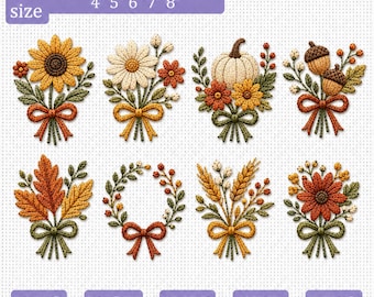 May include: A digital collection of eight autumn-themed machine embroidery designs featuring sunflowers, daisies, pumpkins, acorns, leaves, wheat, and floral wreaths, each tied with a bow. Text includes 5 size 4" 5" 6" 7" 8" and file formats PES, DST, EXP, JEF, VP3.